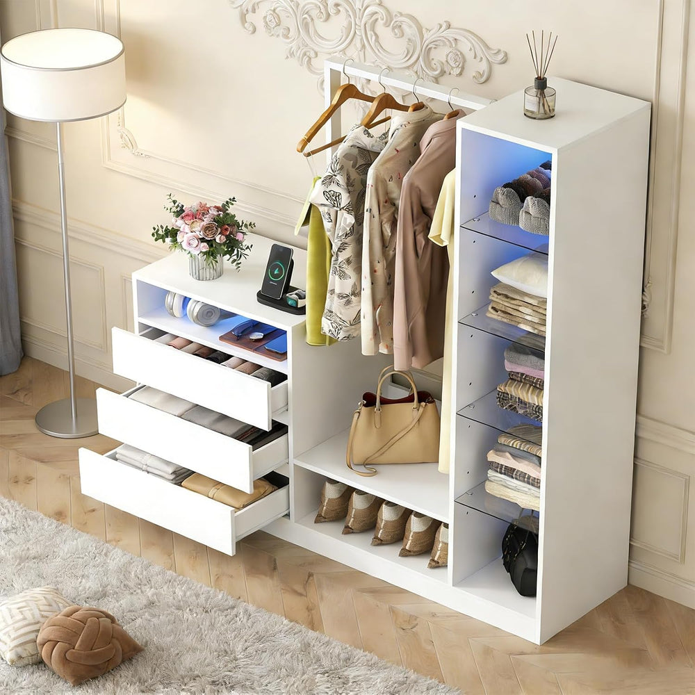 Wardrobe Dresser with Hanging Rack and Drawers, Led Wardrobe Dresser Combo