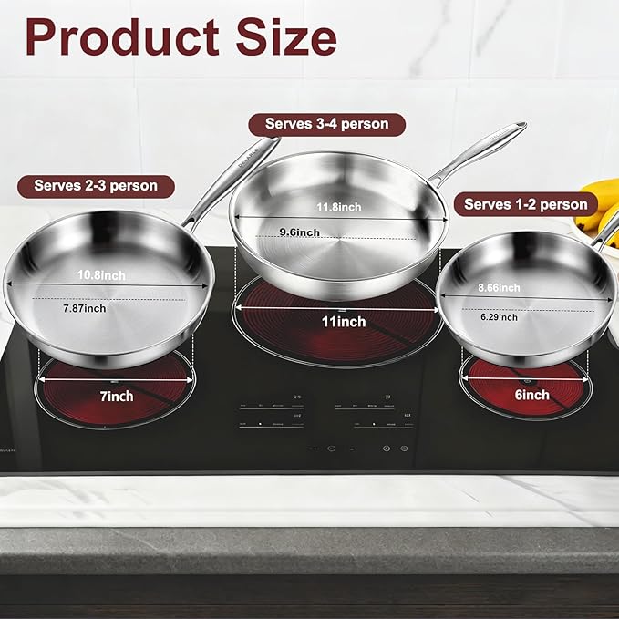 DELARLO Tri-ply Stainless Steel Frying Pan Set 8" 10" 12" - Image 6