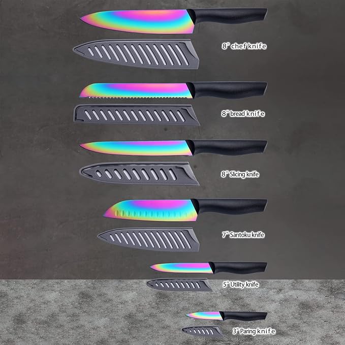 Marco Almond Kitchen Knife Set, KYA36 12-Piece Rainbow Color Stainless Steel - Image 2