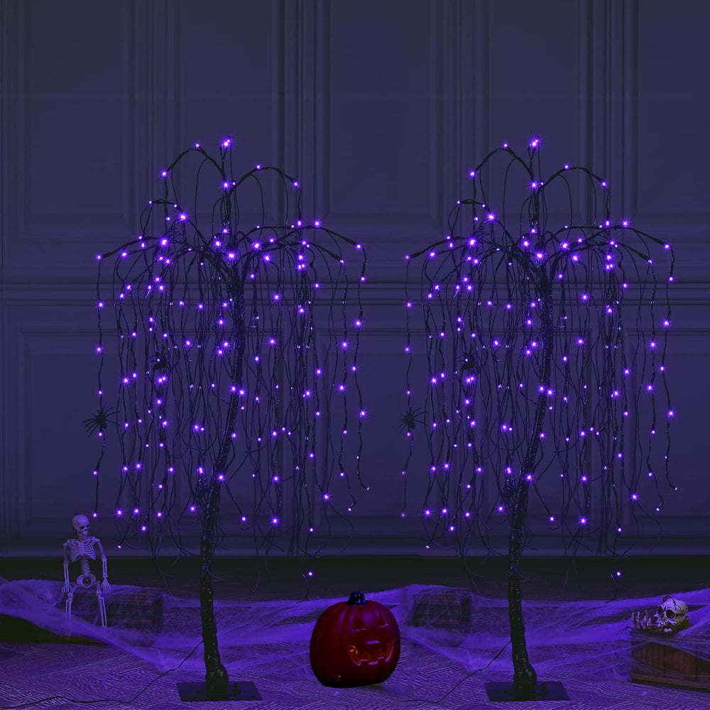 LIGHTSHARE 4 Feet Halloween Willow Tree, 160 LED Lights,Pack of 2,with 8 Spid...