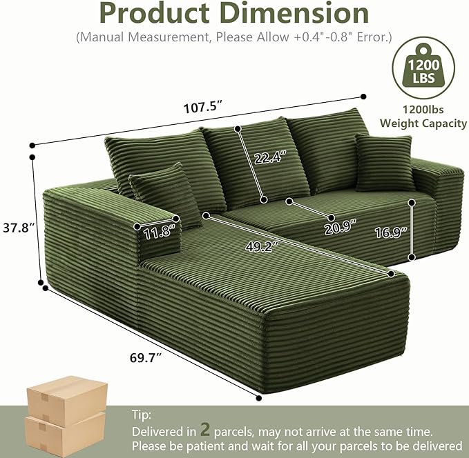 107" Cloud Sectional Couch with L-Shape Chaise, Modern Modular Comfy Sof...