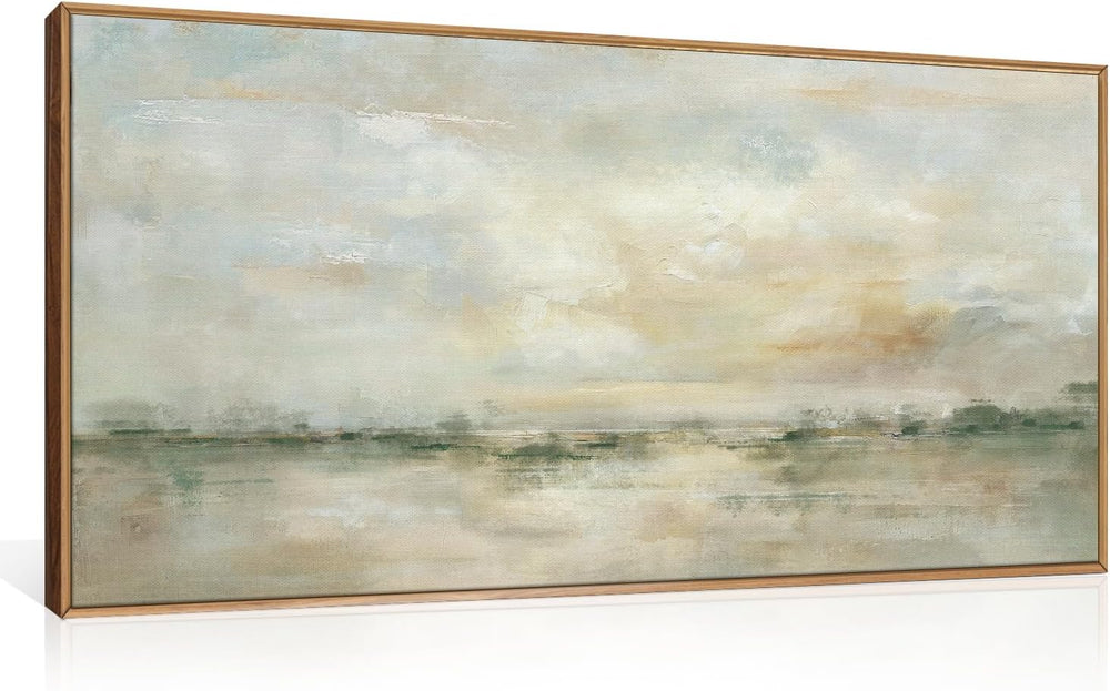 LHIUEM Large Abstract Green Gray Pastel Framed Canvas Wall Art,Neutral Landsc...