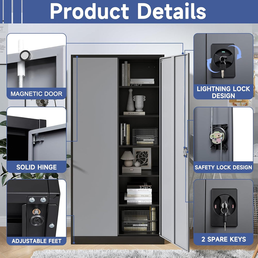 Metal Storage Cabinet with 2 Doors and 4 Adjustable Shelves, 71" Steel G...