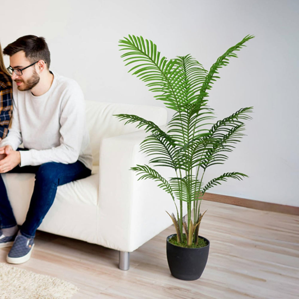 4FT Artificial Palm Tree Indoor with White Pot, Realistic Leaves, 9 Trunks Ad...