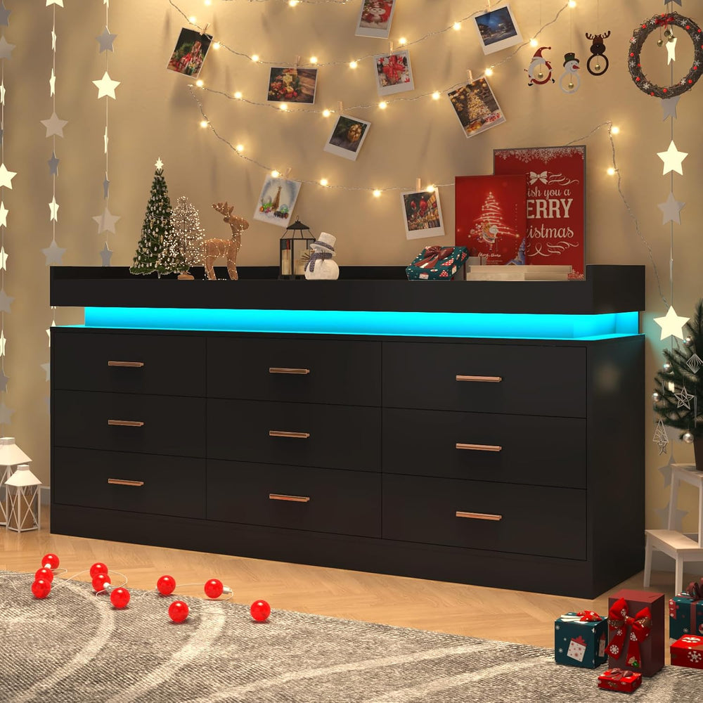 9 Drawer Dresser with LED Light and Charging Station, Modern Chest of Drawers...