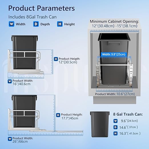 Insputer 8 Gal Pull Out Trash Can Under Cabinet, Heavy Duty Under Sink Garbage