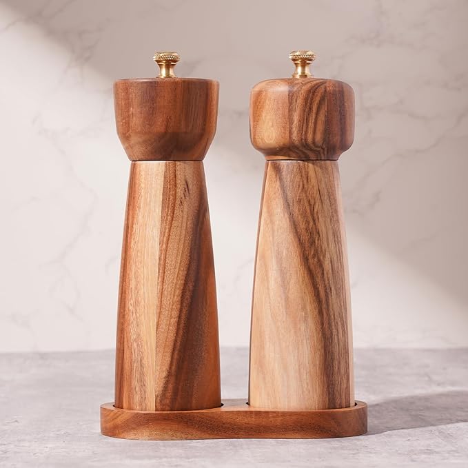 Salt and Pepper Mill Set with Tray, Adjustable Ceramic Grinder Salt Mill