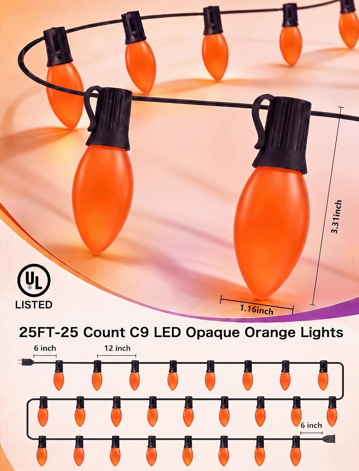 SUNSGNE C9 LED Halloween Orange String Lights 25FT Outdoor String Lights with 27 0.6W LED Plastic Bulbs(2 Spare) for Patio Garden Roofline Backyard Decorations, Black Wire