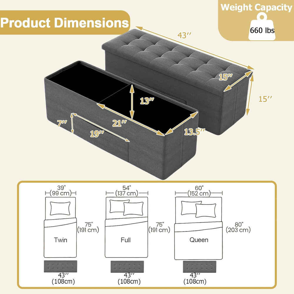 43" Folding Storage Ottoman Bench, End of Bed Foot Rest Stool with Remov...