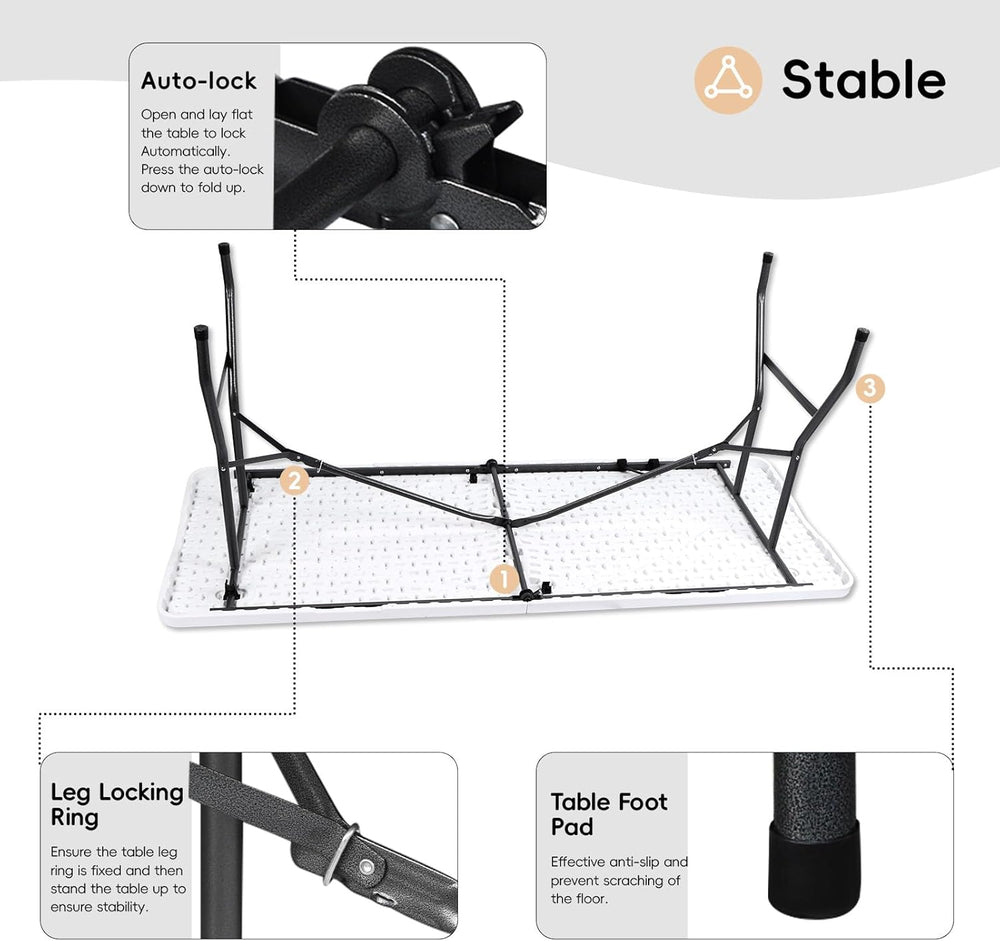 pollilar 6FT Folding Table Plastic 6 Foot Foldable Table HDPE Portable Banque...