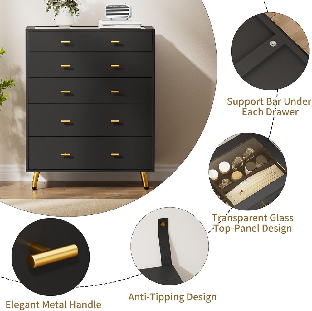 Closet Island with Drawers, Glass Top, LED Lights, Black