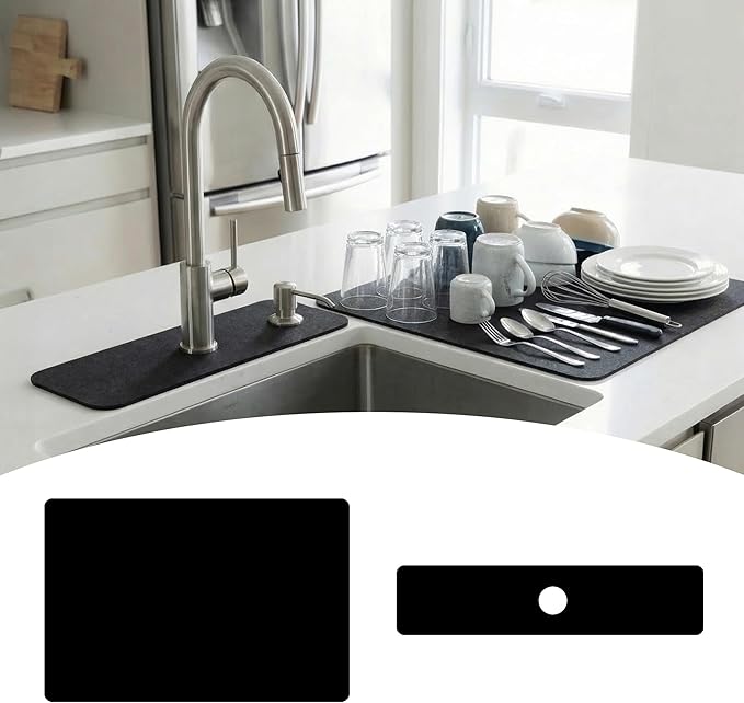 Customizable 24"L x 5.5"W Kitchen Sink Faucet Mat & 24"Lx16"W Dish Drying Mat by EazziSwitch