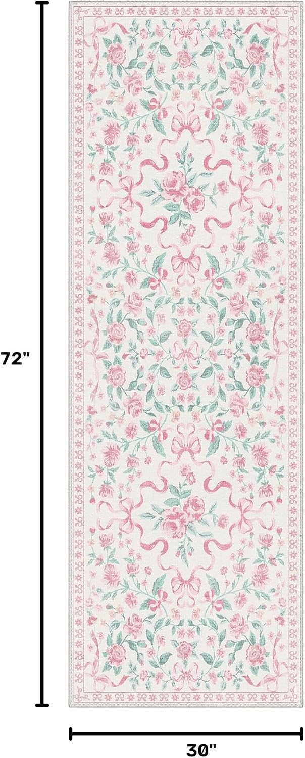 2'6''x6 Pink Runner Rugs for Hallway, Washable Pastel Floral Bow Runner | Non Slip Low Pile Bow Pattern Soft Cute Runners for Girls Bedroom Entryway Bathroom Laundry Dorm