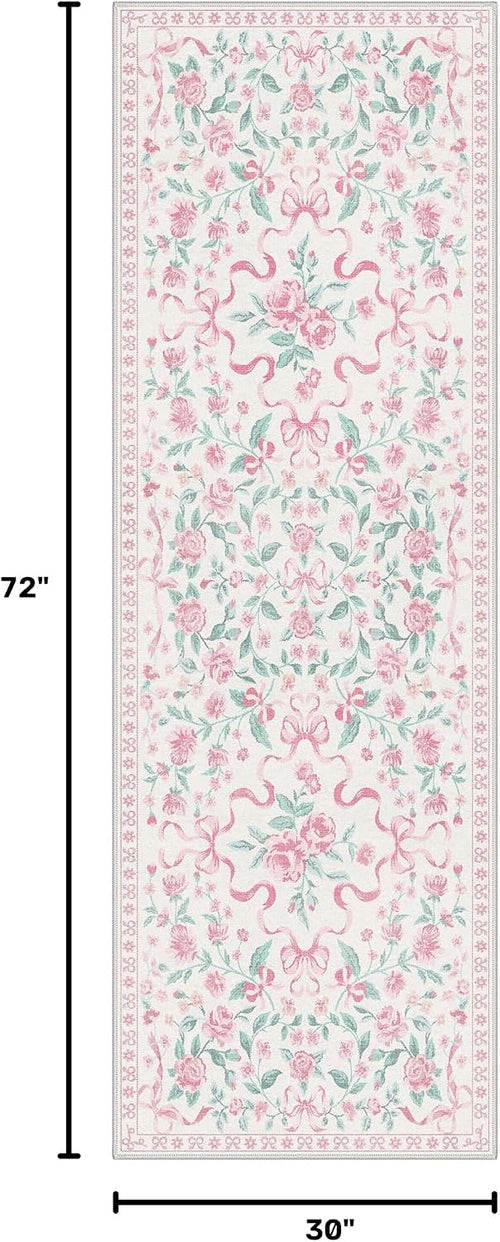 2'6''x6 Pink Runner Rugs for Hallway, Washable Pastel Floral Bow Runner | Non Slip Low Pile Bow Pattern Soft Cute Runners for Girls Bedroom Entryway Bathroom Laundry Dorm