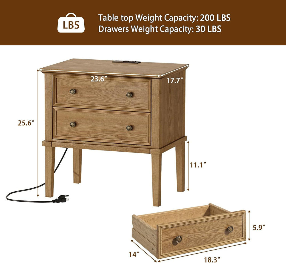 IKENO Solid Wood Nightstand with Charging Station, Wooden End Table with 2 So...