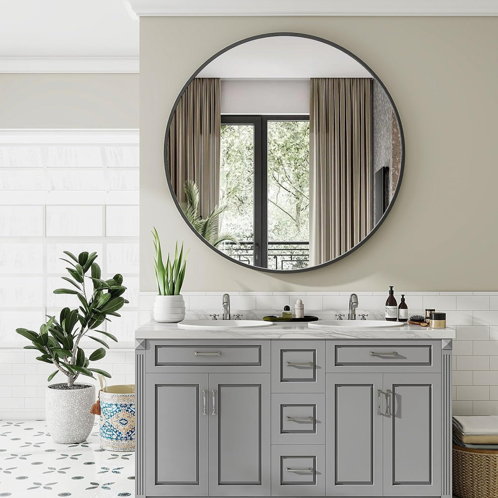 VooBang Large Black Round Bathroom Mirror 48" with Thin Metal Frame