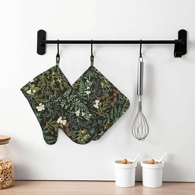 Botanical Print Floral Oven Mitts and Pot Holders Set of 4 Silicone Black Sage - Image 7