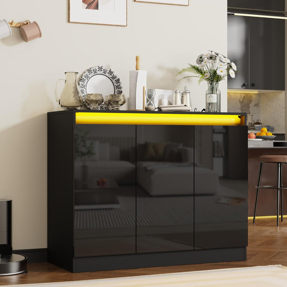 Furnify High Gloss Buffet Cabinet with LED Lights, Modern Sideboard Coffee Ba...