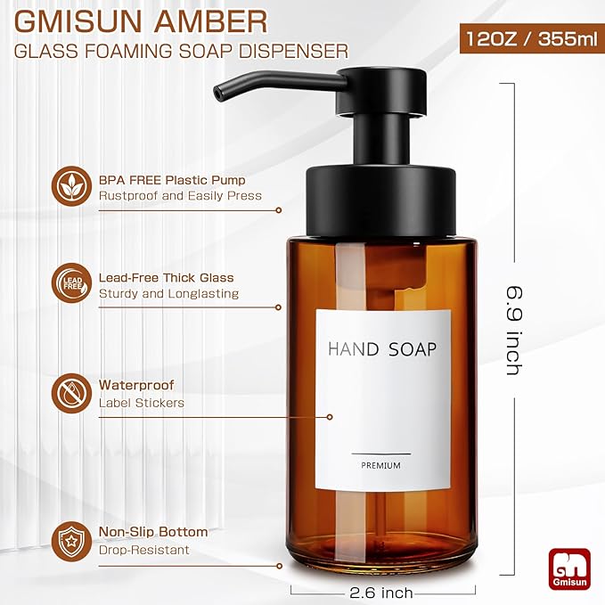 GMISUN Glass Foaming Soap Dispenser, 10 Fl oz / 300ml Amber Glass Soap Dispenser - Image 9