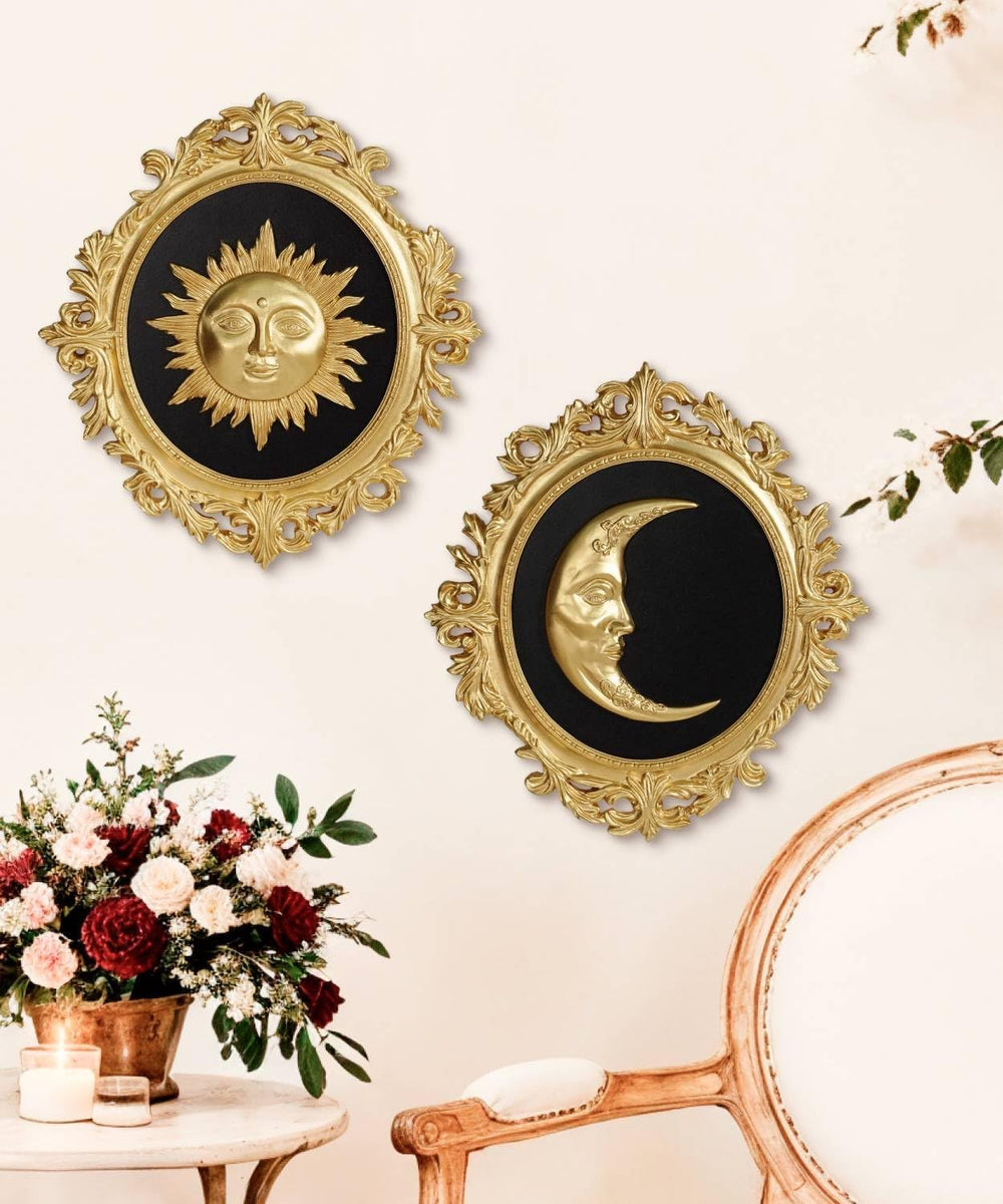 Putuo Decor Baroque Sun Moon Wall Decor Set, 2-Piece 3D Ovals Gold Resin Reli...
