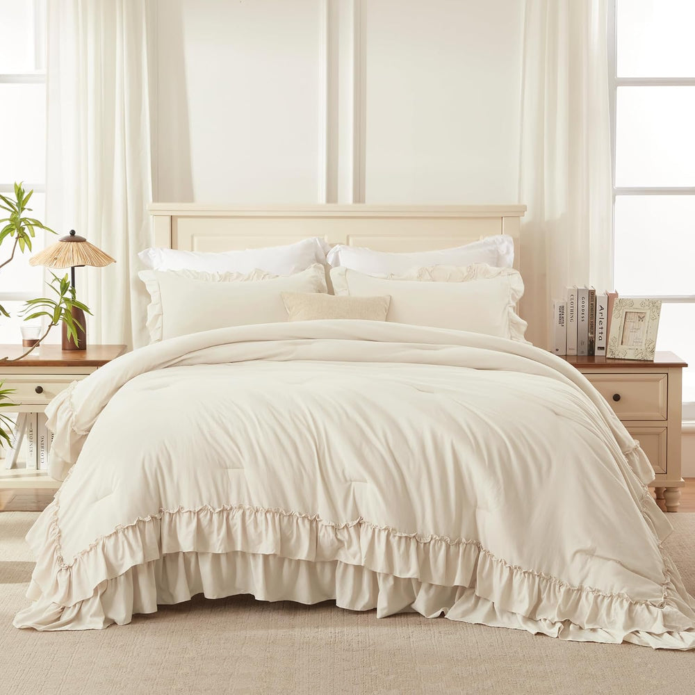 Andency Beige Ruffle Comforter Set King, 3 Pieces Solid Bedding