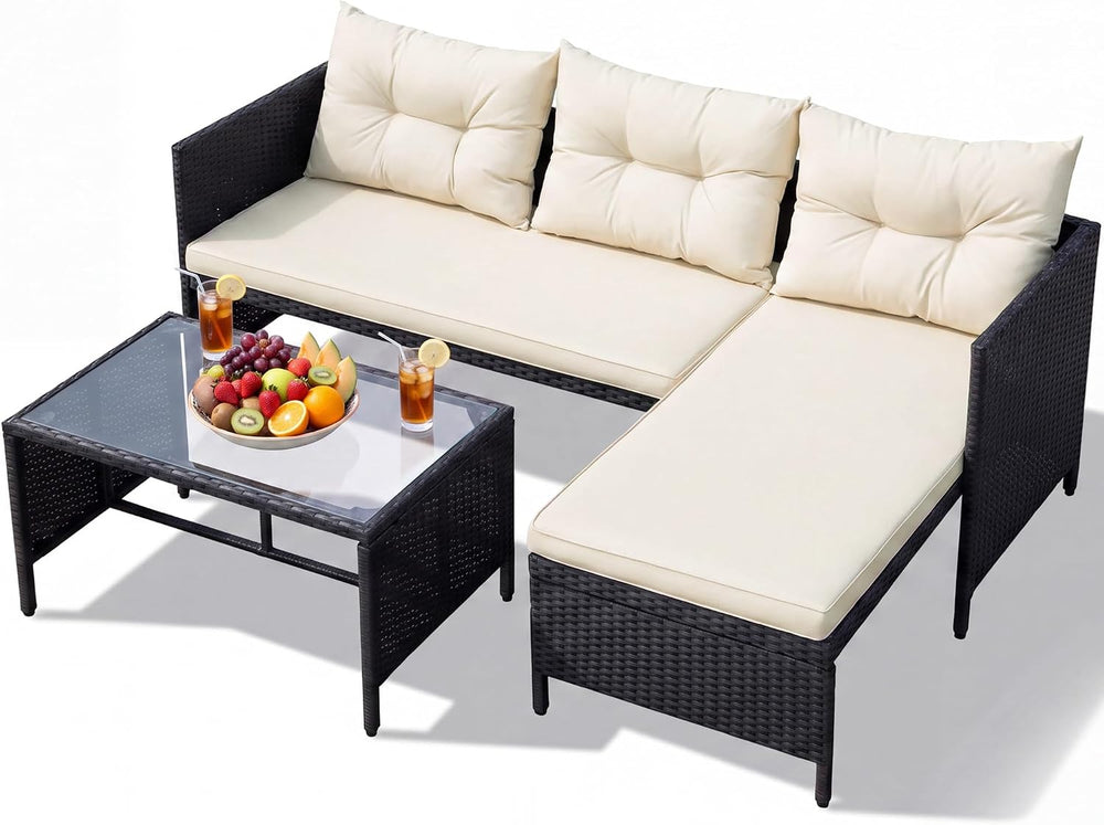 Greesum Patio Furniture Set 3 Piece Outdoor Wicker Sectional Sofa,Beige