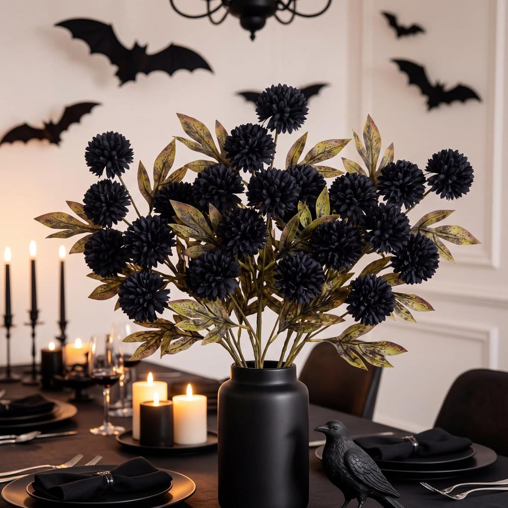 Knitgrip 8 Pcs Faux Silk Pom Pom Mum Artificial Flowers, Black