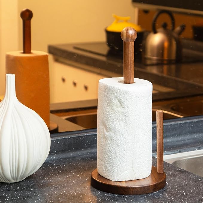 14" Acacia Wooden Paper Towel Holder, 6.7" Large Heavy Base Wooden Kitchen - Image 6