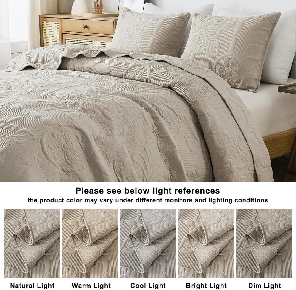 B2EVER Boho Damask Soft Quilt Bedding Set, Cal King Size, Beige Color