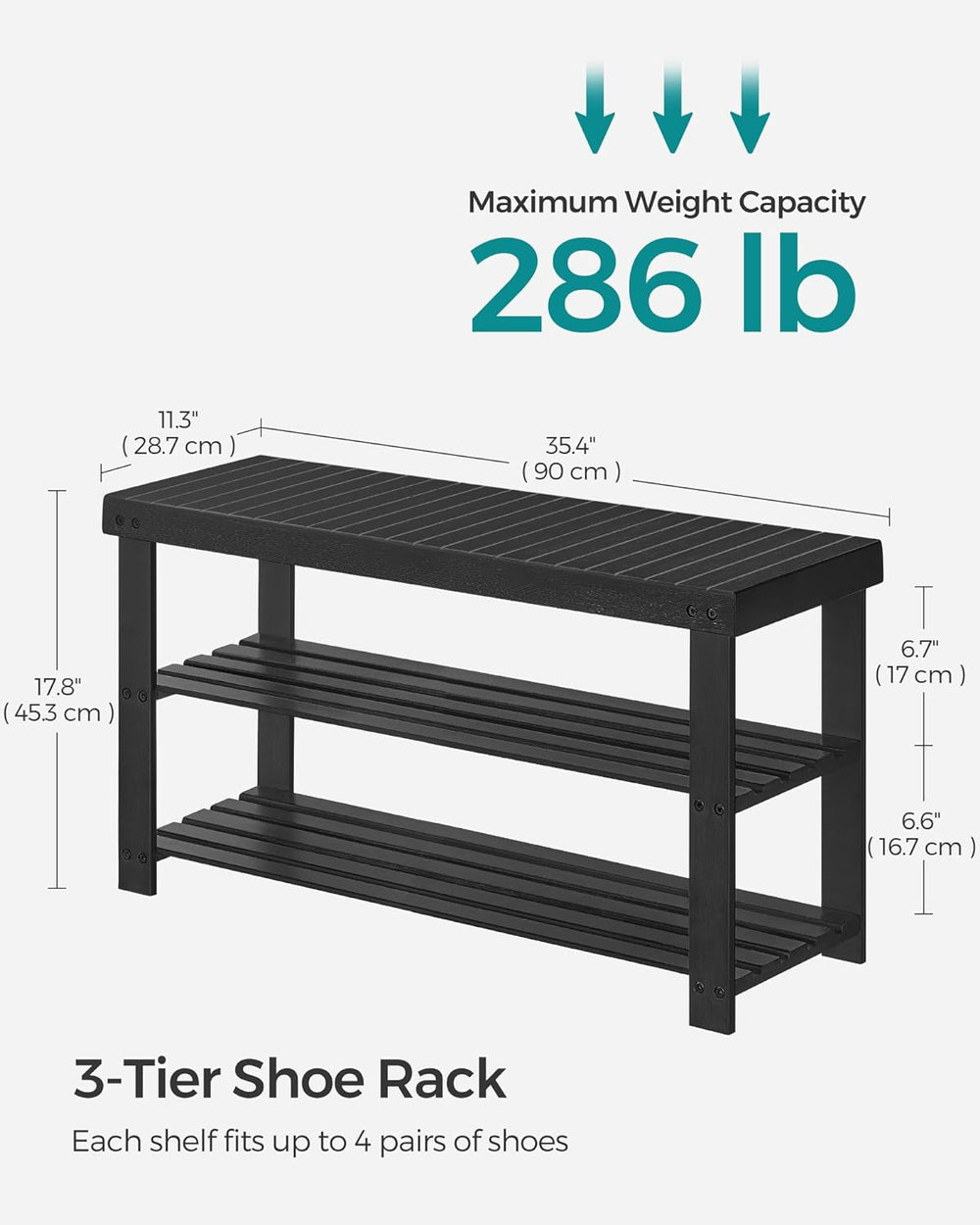 SONGMICS Shoe Rack Bench, 3-Tier Bamboo Entryway Bench, 35.4 Inches Width