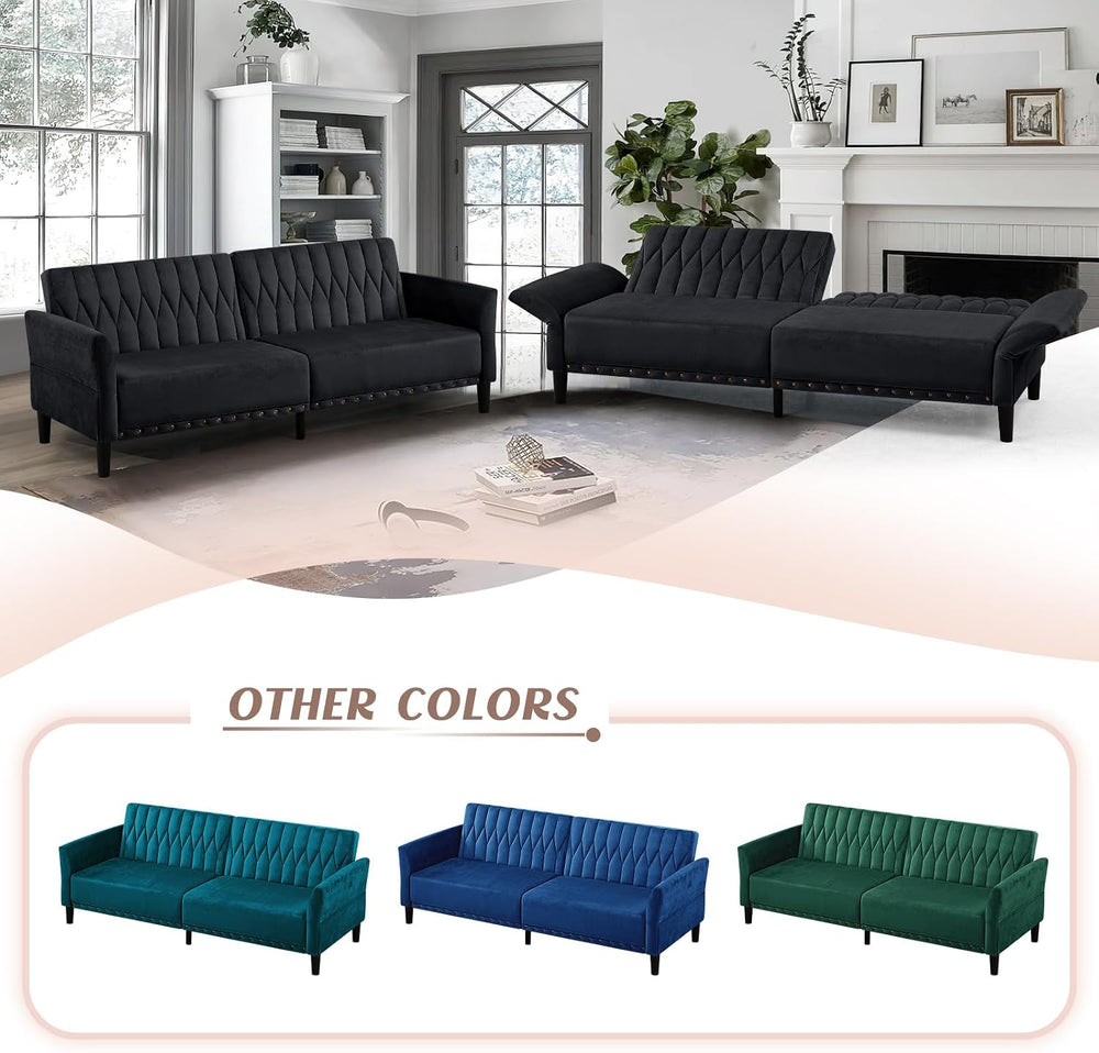 77 Inches Velvet Sofa Bed w/Adjustable Backrests & Armrests, Black