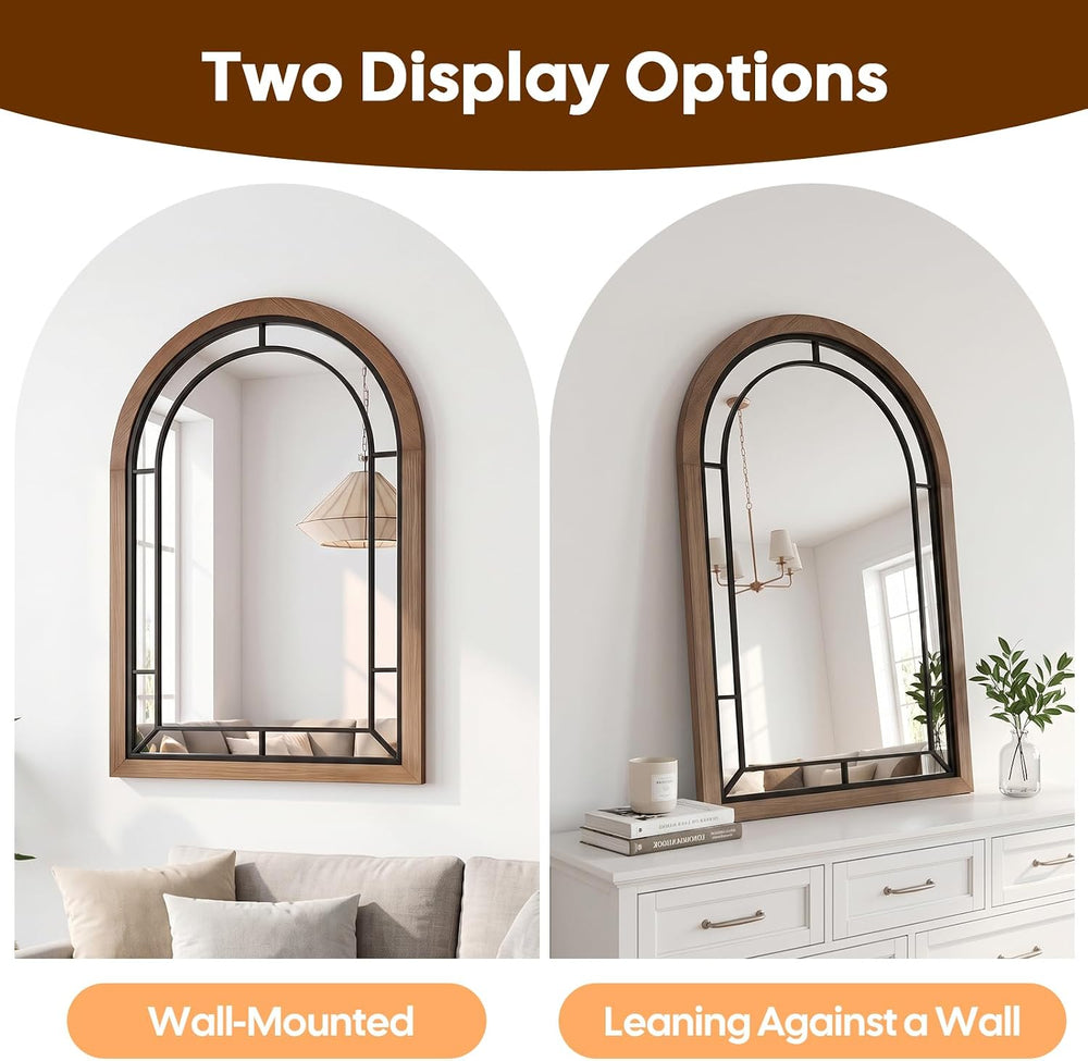 Arched Wall Mirror 36x24 Inch Rustic Wood Frame, Arch Brown