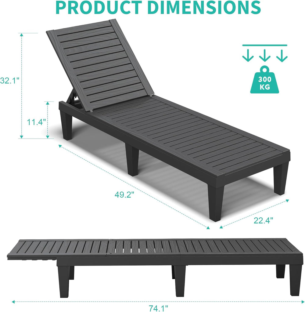 Outdoor Chaise Lounges, Patio Lounge Chair (Black Wood Grain, Set of 2)