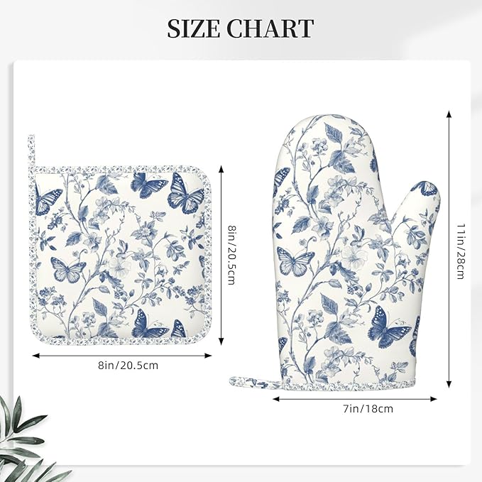 Oven Mitts and Pot Holders Butterfly Flower Vintage Blue Silicone Kitchen - Image 3