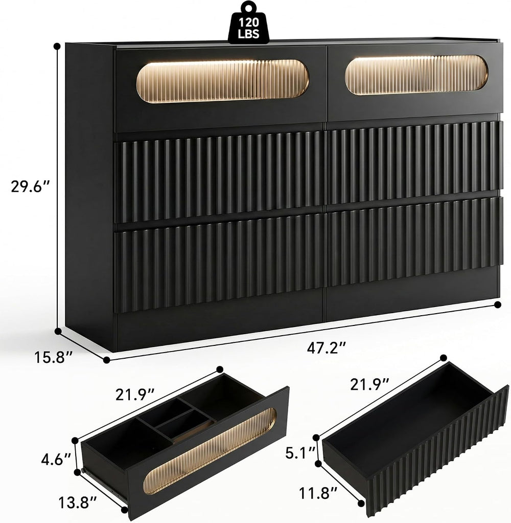 senlin Fluted 6 Drawer Dresser,Modern Chest of Drawers,Black
