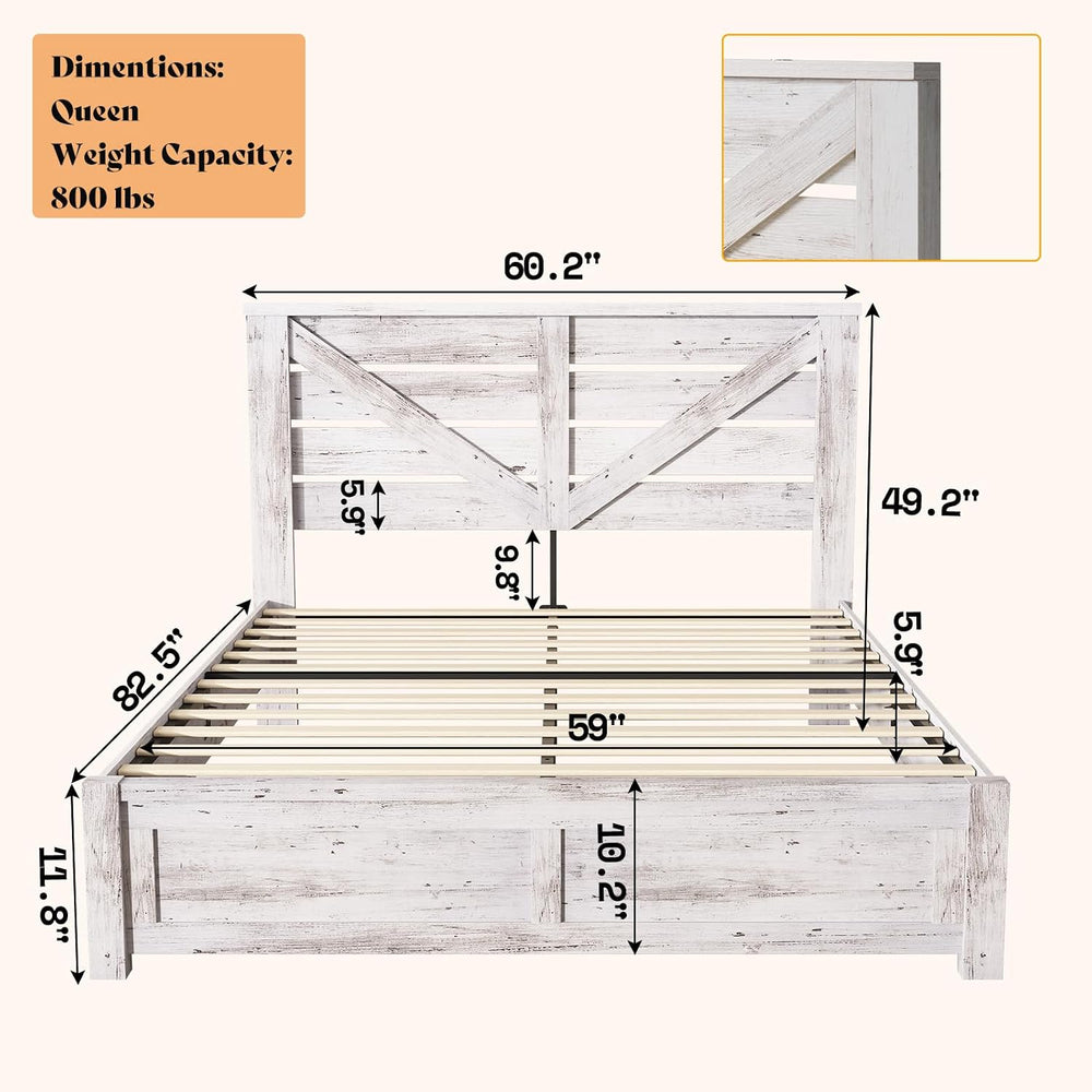 AMERLIFE Farmhouse Queen Size Bed Frame with 49.2" Barn Door Headboard