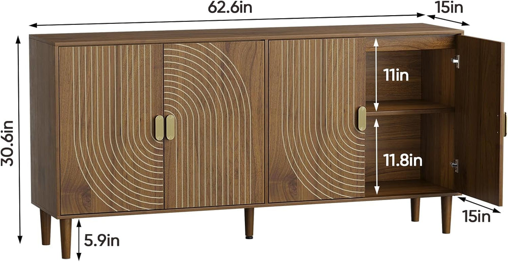 Smuxee 62.6-Inch Walnut Sideboard Cabinet, 4-Door Freestanding Buffet Cabinet...
