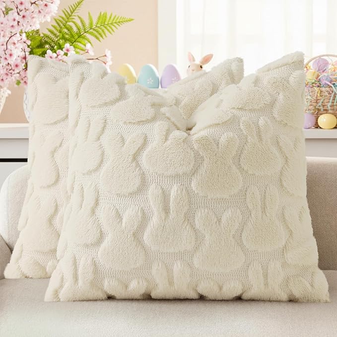 decorUhome Easter Bunny Pillow Covers 20x20 Inch Set of 2, Soft Plush Faux Wool by decorUhome