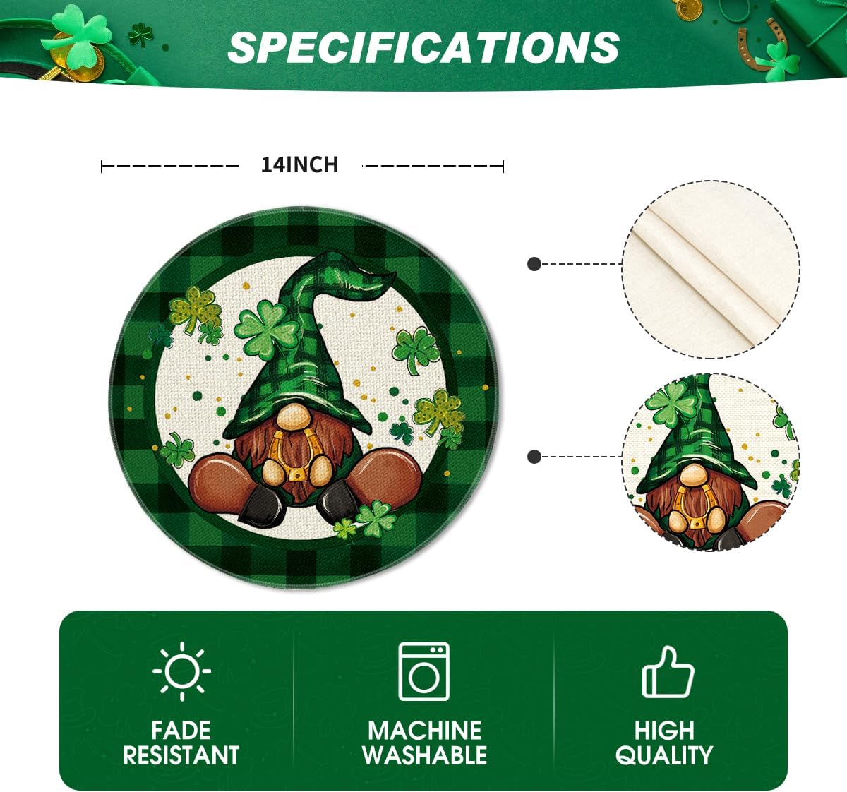 Artoid Mode Green Lucky Gnome St. Patrick's Day Round Placemats Set of 4,14 Inch Seasonal Holiday Farmhouse Table Mats for Party Kitchen Dining Decoration