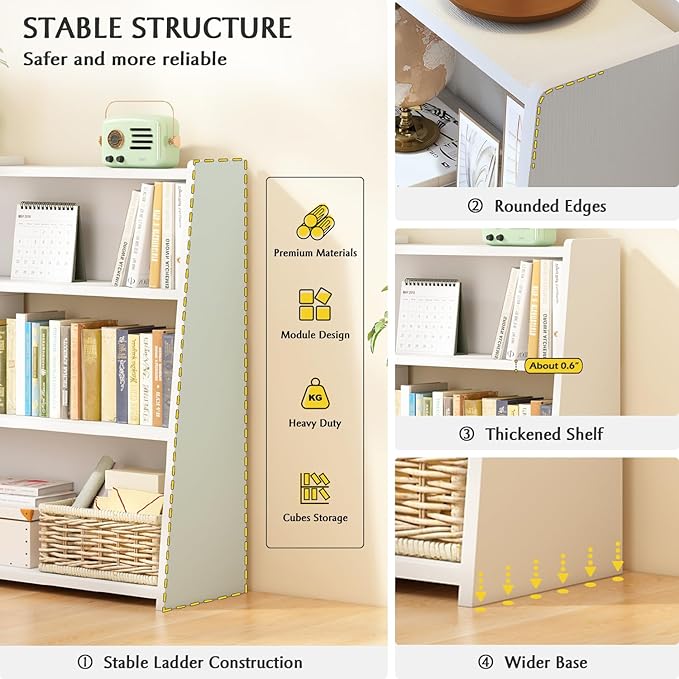 IOTXY Wooden Extendable Shelf Bookcase - 3-Tier Ladder Low Short Bookshelf fo...