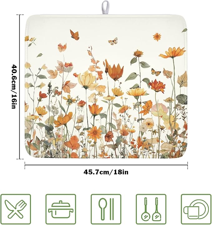 Fall Floral Dish Drying Mat for Kitchen Counter Orange Rustic Vintage - Image 2