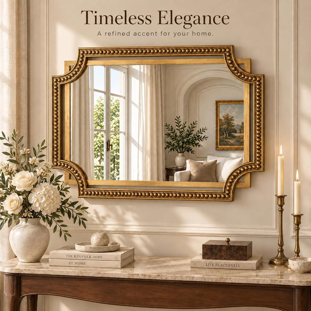 Gold Rectangle Wall Mirror, 36x24 Inch Scalloped Beaded Frame for Bathroom