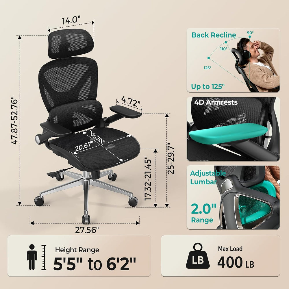 Ergonomic Mesh Office Chair, Adjustable Lumbar High Back Desk Chair 400lbs, 4...