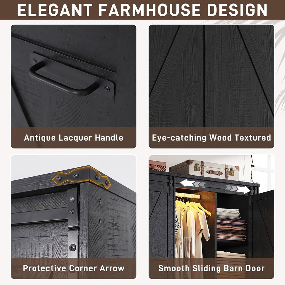 Farmhouse 4 Doors Armoire Wardrobe Closet w/Folding Sliding Barn Door and Lig...