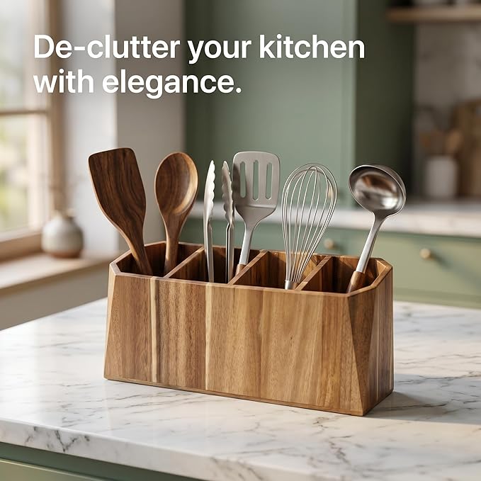 Large Kitchen Utensil Holder for Countertop – Acacia Wood Utensil Organizer - Image 3