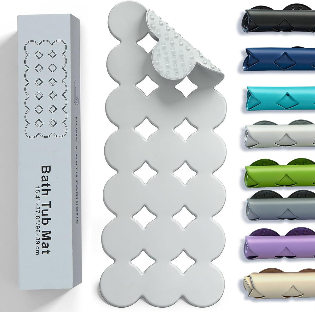 Webos Bathtub Mat Non Slip: Extra Long Rubber Bath Mat for Tub with Strong Suction Cups 15.4" x 37.8" Anti Slip Shower Mat, Big Drain Holes Bathroom Mats for Tub & Shower, Circle-White