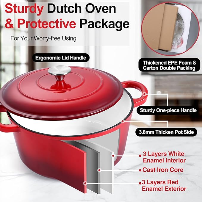 P&P CHEF 7QT Enameled Dutch Oven, Cast Iron Dutch Oven Pot - Image 3