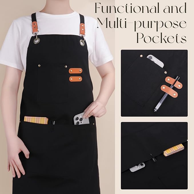 Chef Aprons for Men Women with Large Pockets, Cotton Canvas Water Repellent - Image 5