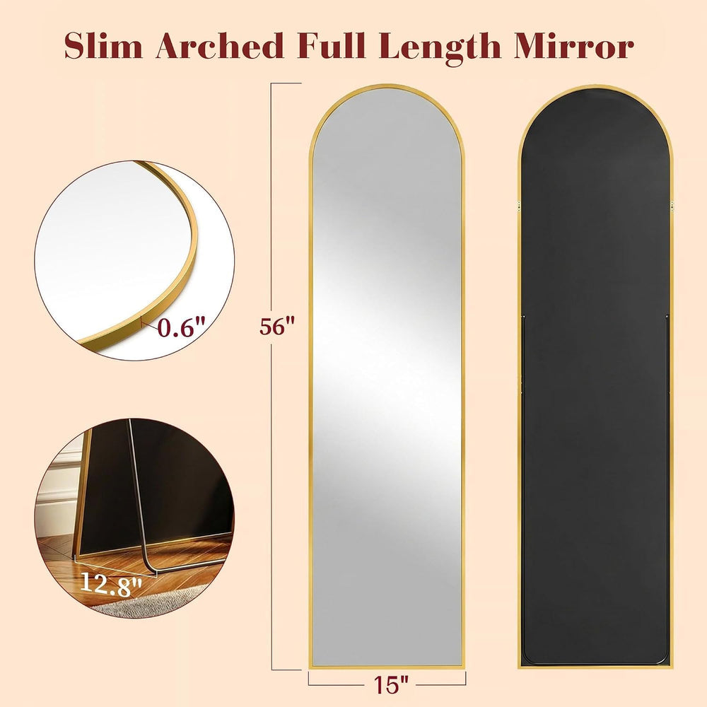 Suidia 56"x15" Arched Full Length Mirror With Stand, Gold Floor Mirror