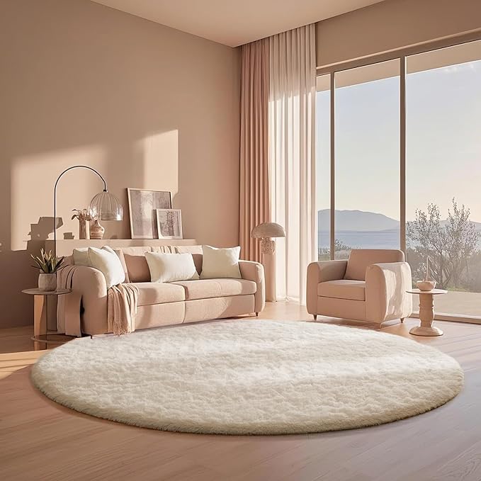 Ophanie Round Rugs 6Ft Ivory Circle Area Rug, Aesthetic Room Decor, Fluffy - Image 5